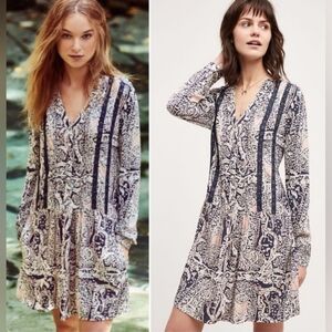 Anthropologie Tiny Caviana Blue Cream Bohemian Pattern Shirt Dress Size Large